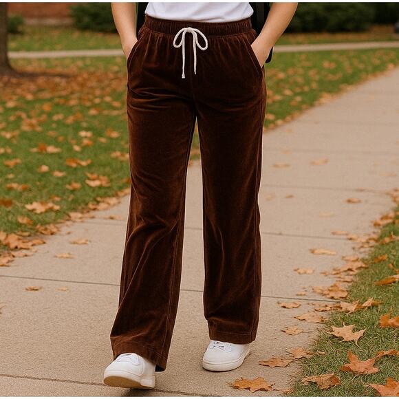 Brown Velvet Cozy Drawstring Cozy Flare Lounge Pants with Pockets sz XL - Picture 1 of 9